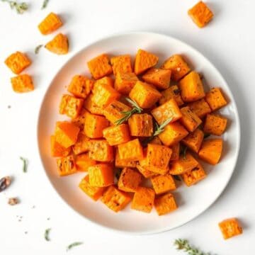 Bowl of crispy roasted sweet potato cubes garnished with herbs.