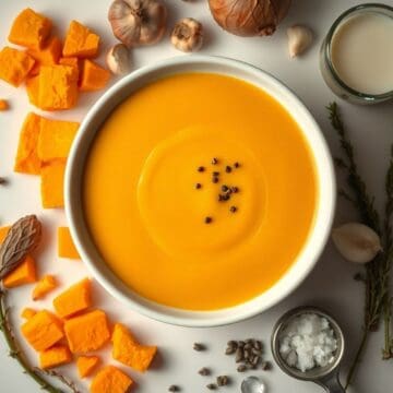 Delicious creamy butternut squash soup in a white bowl with spices and ingredients around.