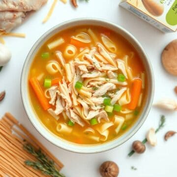 Delicious crockpot chicken noodle soup with vegetables and tender chicken pieces.