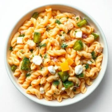 Delicious dill pickle pasta salad with fresh vegetables and herbs.