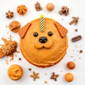 Dog birthday cake with dog face design and candle, perfect for celebrating your pet's special day.