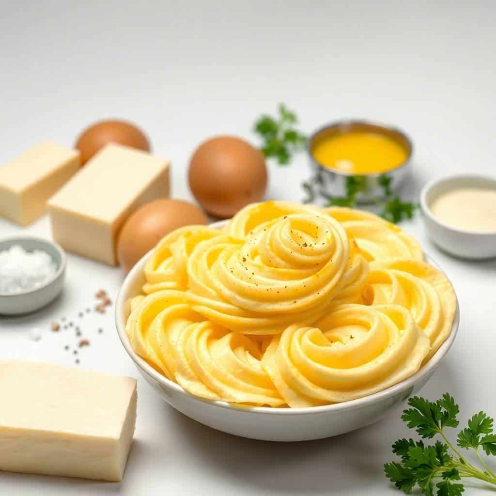 Piped duchess potatoes in golden rosettes on white plate with butter, eggs, and fresh parsley.