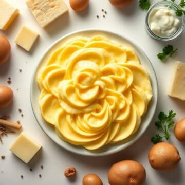 Delicious duchess potatoes served on a white plate, garnished with herbs, surrounded by cheese, eggs.