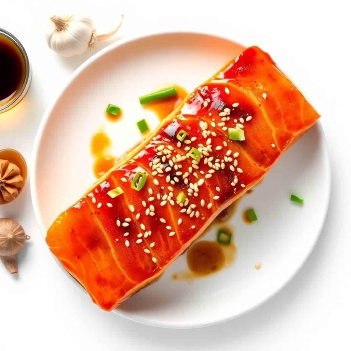 Delicious baked teriyaki salmon garnished with sesame seeds and green onions on a white plate.