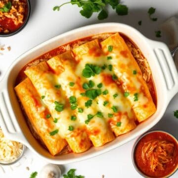Delicious cheesy chicken enchiladas with melted cheese and fresh herbs.