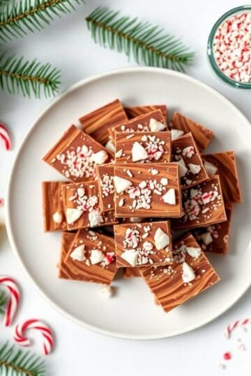 Delicious homemade Christmas fudge topped with crushed peppermint candies and white chocolate pieces.