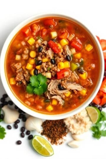 Delicious easy taco soup with ground beef, vegetables, and spices in a bowl.