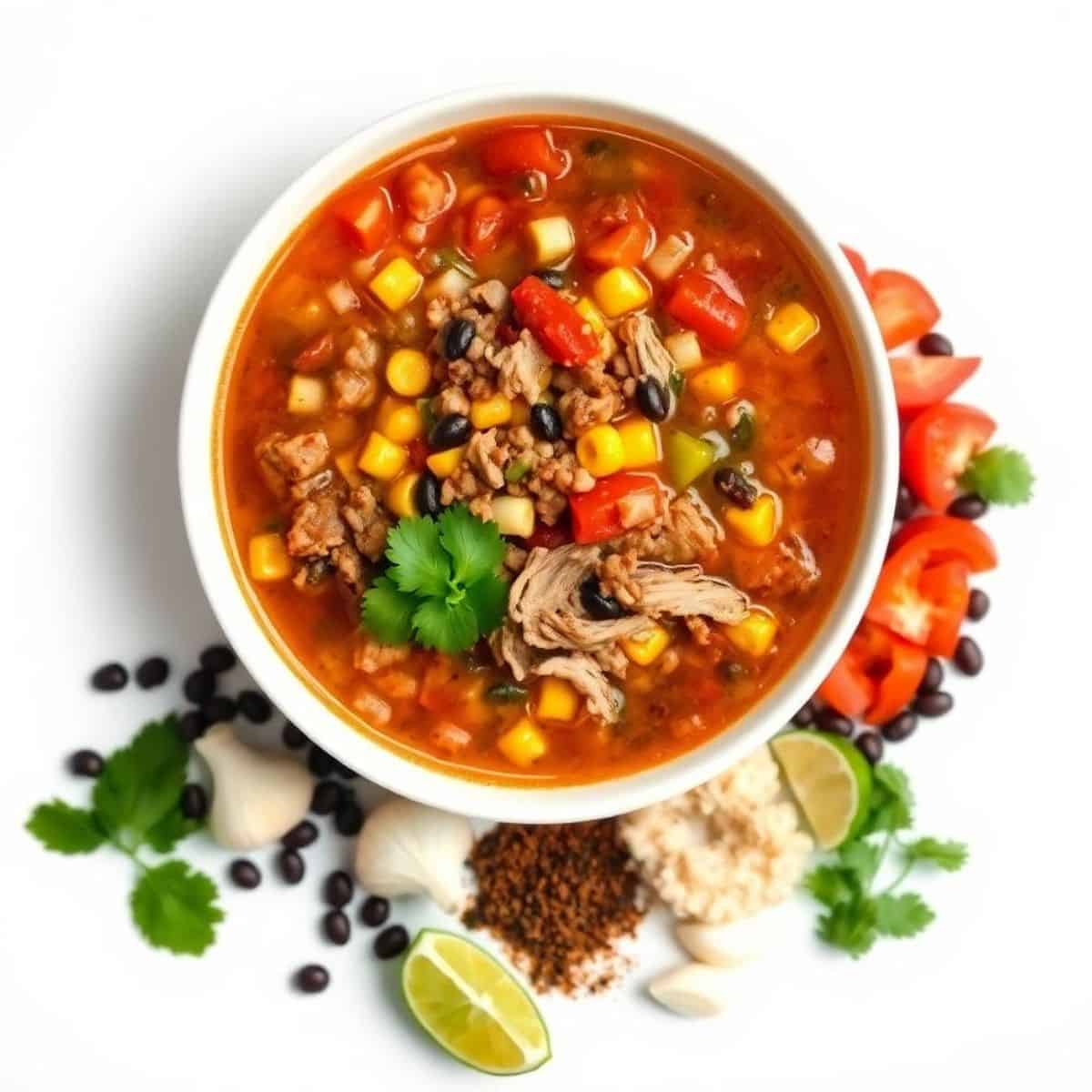 Delicious easy taco soup with ground beef, vegetables, and spices in a bowl.