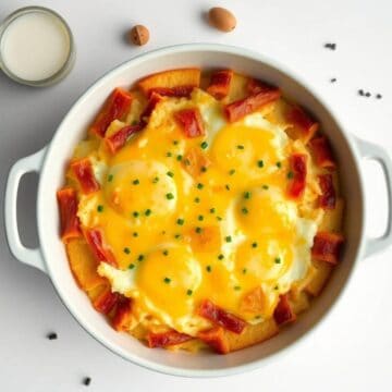 Baked eggs with ham and potatoes in a casserole dish, ready to serve.