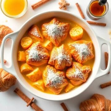 Delicious French toast casserole made with flaky croissants, topped with powdered sugar and served w.