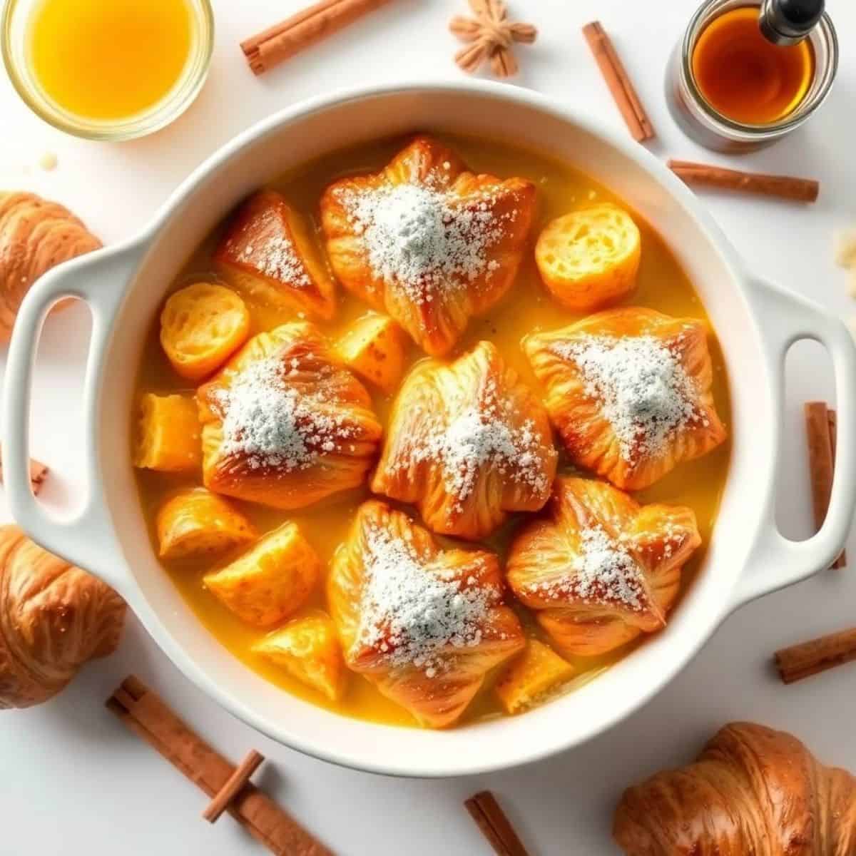 Delicious French toast casserole made with flaky croissants, topped with powdered sugar and served w.