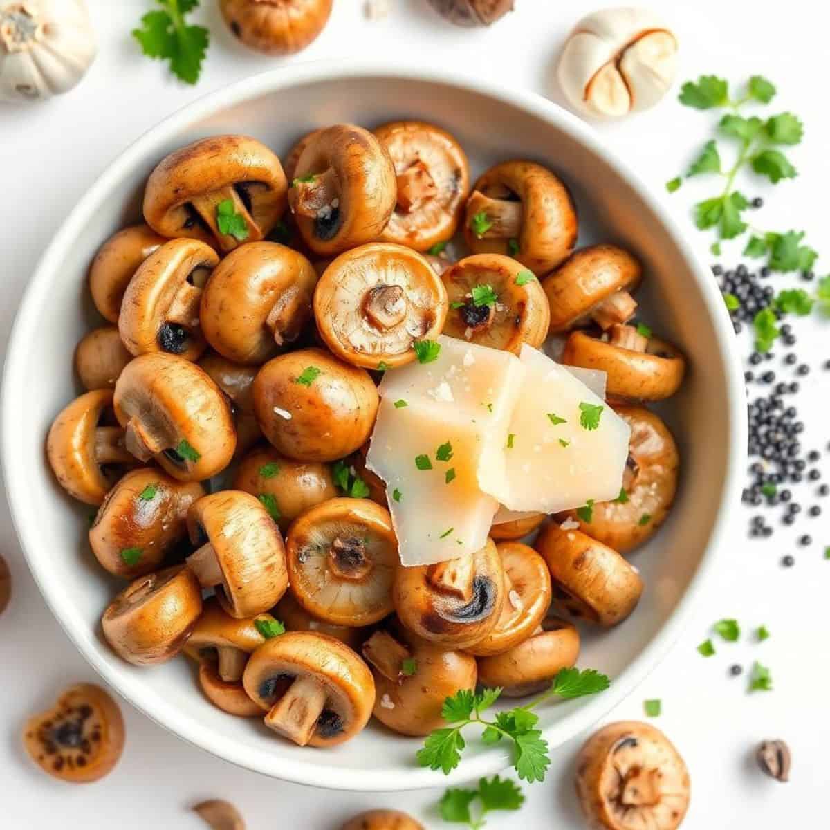 Delicious garlic Parmesan mushrooms garnished with fresh parsley, perfect as an appetizer or side di.