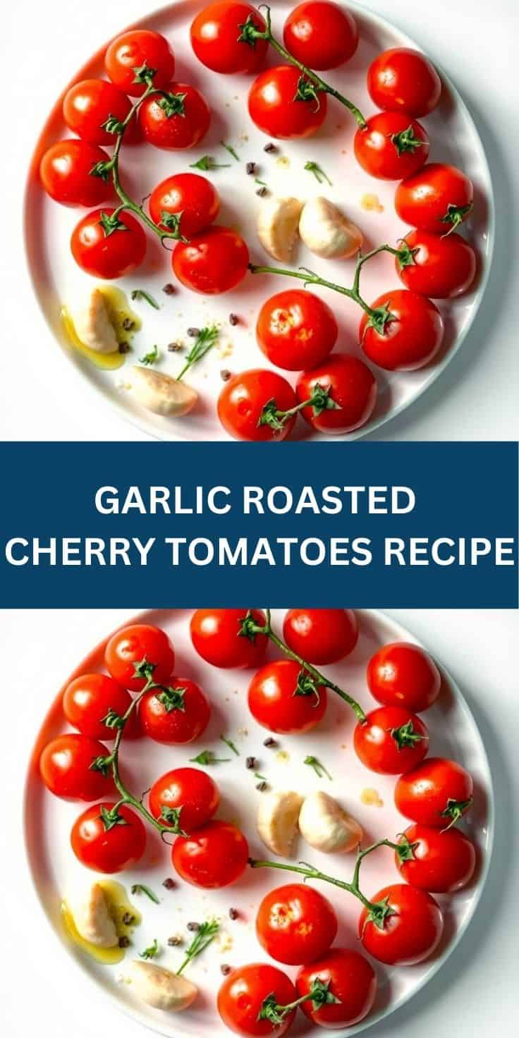 Fresh garlic roasted cherry tomatoes on a white plate with herbs and lemon wedges.