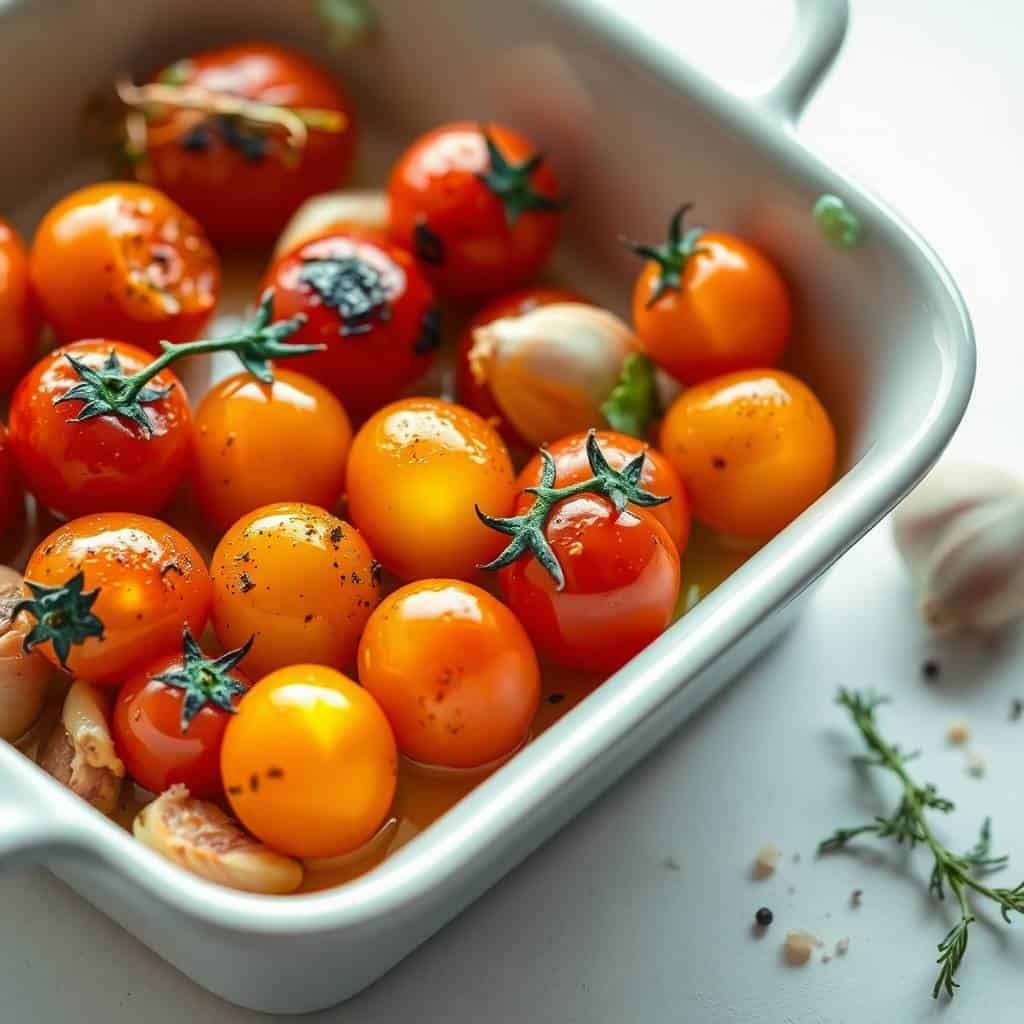 Fresh cherry tomatoes in a baking dish for roasting.