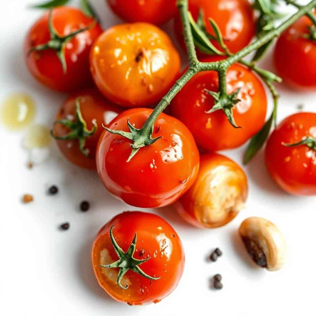 Fresh cherry tomatoes on the vine, perfect for roasting and recipes.