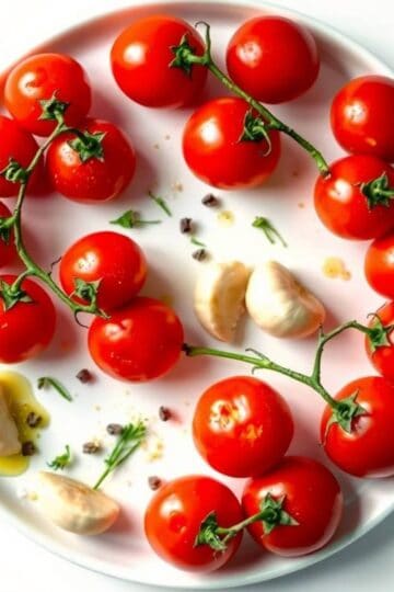 Fresh cherry tomatoes with garlic and herbs for roasted tomato recipe.