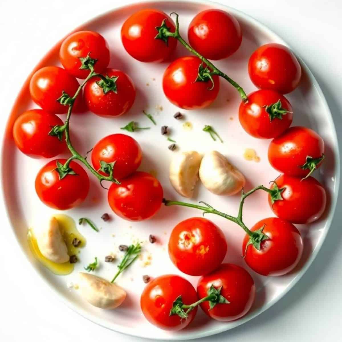 Fresh cherry tomatoes with garlic and herbs for roasted tomato recipe.