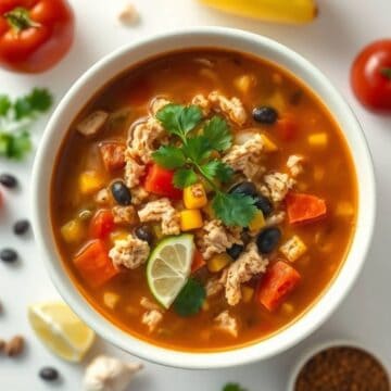 Bowl of chicken taco soup with vegetables, lime, and cilantro garnish.