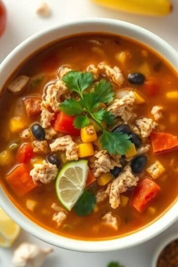 Bowl of chicken taco soup with vegetables, lime, and cilantro garnish.