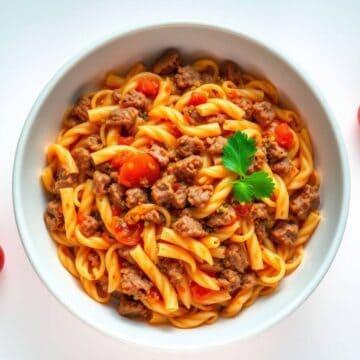 Delicious ground beef orzo pasta dish with tomatoes and fresh herbs. Perfect for a quick, hearty mea.