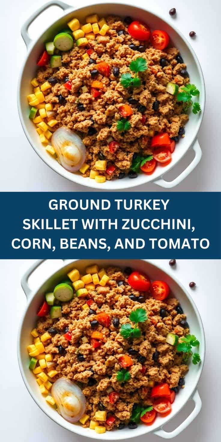 Ground turkey skillet with zucchini, corn, black beans, and tomatoes in a white bowl.