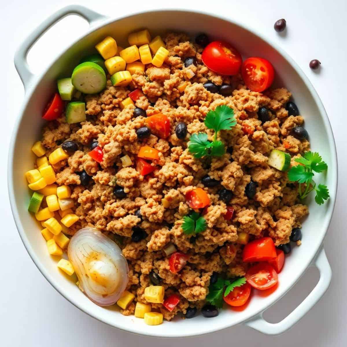 Ground turkey skillet with zucchini, corn, black beans, and tomatoes for a healthy, flavorful meal.