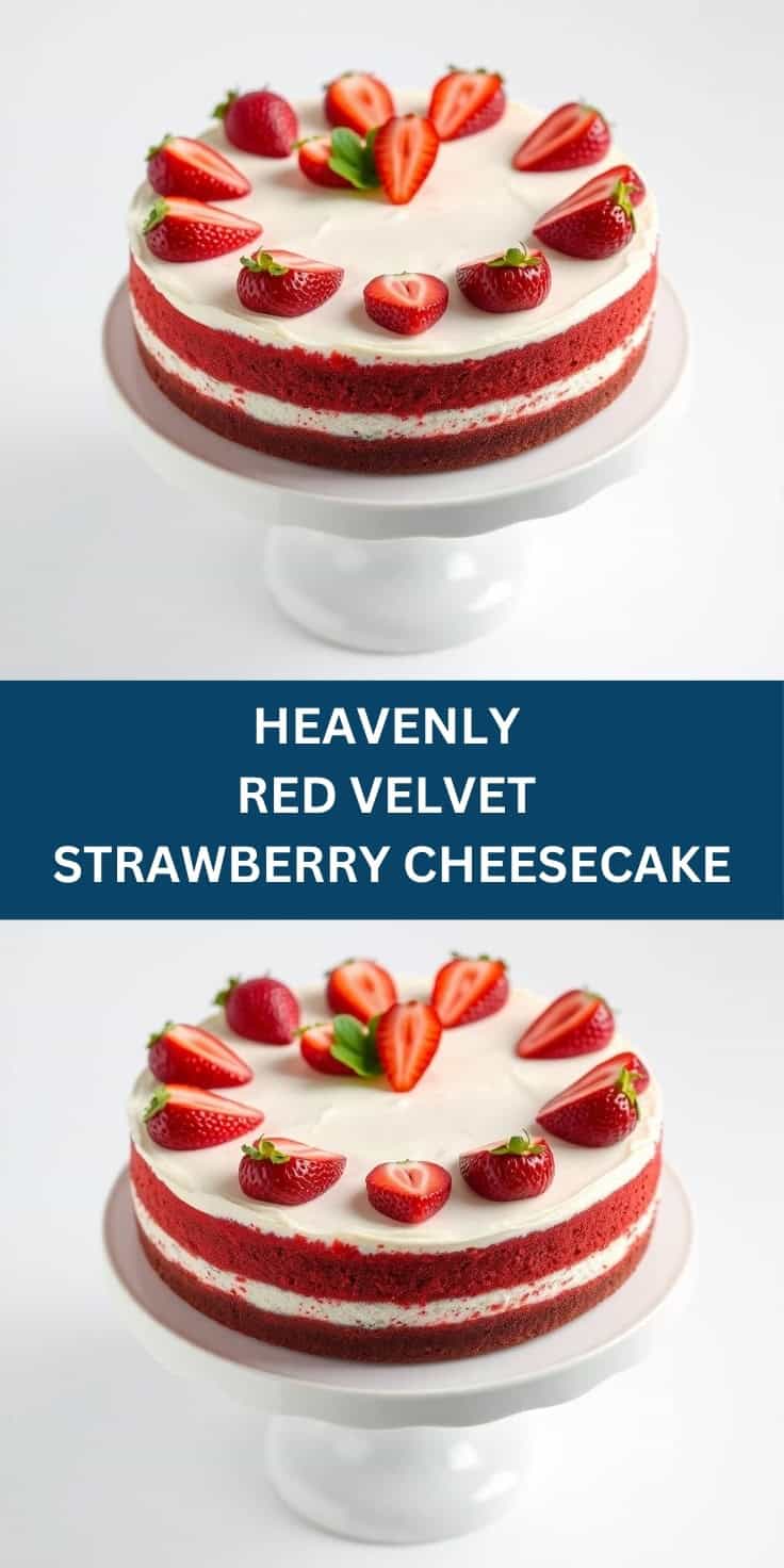 Red velvet strawberry cheesecake with cream frosting and fresh strawberry garnish on white pedestal cake stand.