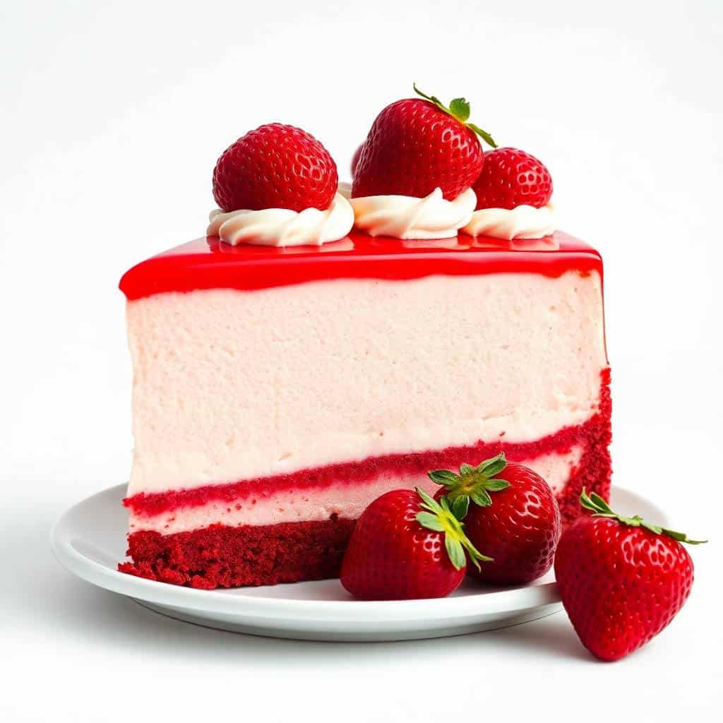 Red velvet strawberry cheesecake slice with cream cheese frosting and fresh strawberries on white plate.