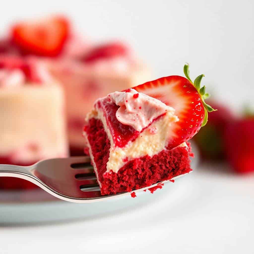 Red velvet strawberry cheesecake slice on fork with fresh strawberry garnish and blurred cake background.
