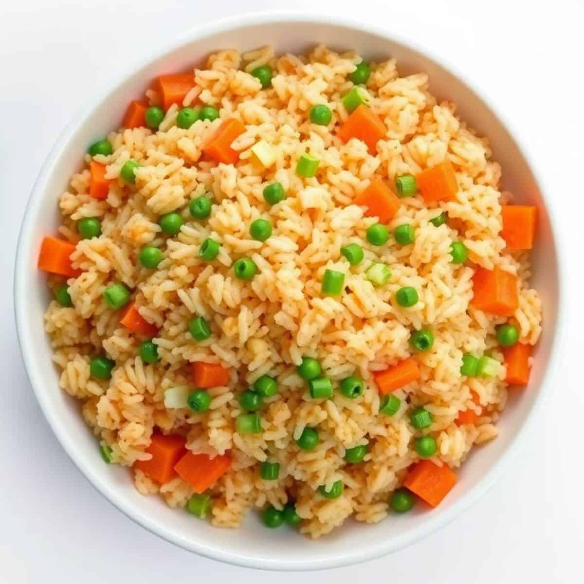 Homemade fried rice with peas and carrots in a white bowl.