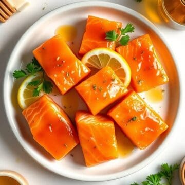 Delicious salmon bites glazed with honey, butter, and garlic, garnished with lemon slices and fresh.