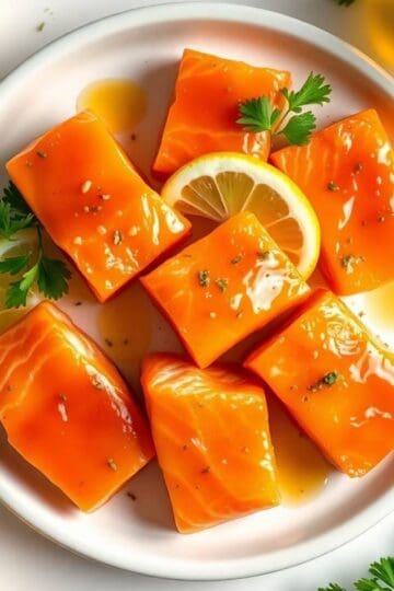 Delicious salmon bites glazed with honey, butter, and garlic, garnished with lemon slices and fresh.
