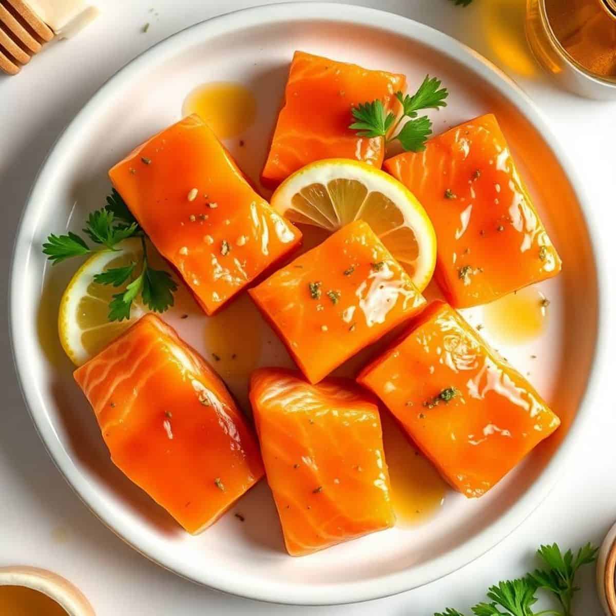 Delicious salmon bites glazed with honey, butter, and garlic, garnished with lemon slices and fresh.