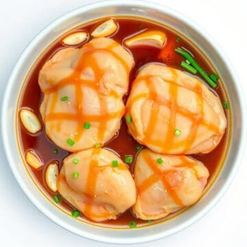 Delicious honey garlic chicken thighs cooked in a slow cooker, topped with a savory sauce and garnis.