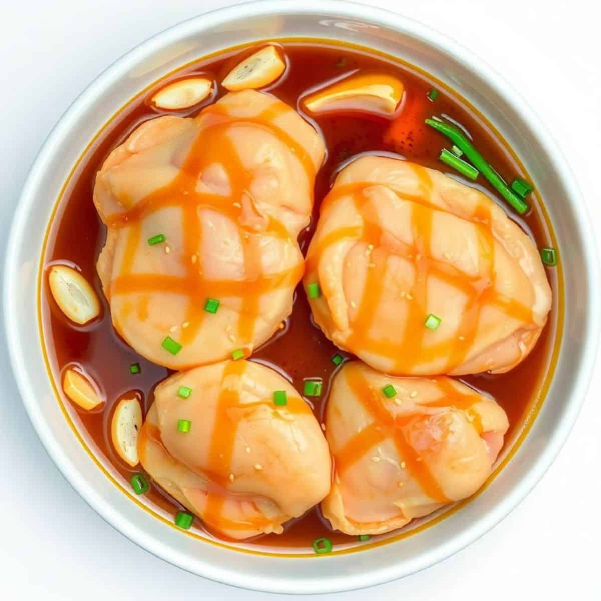 Delicious honey garlic chicken thighs cooked in a slow cooker, topped with a savory sauce and garnis.