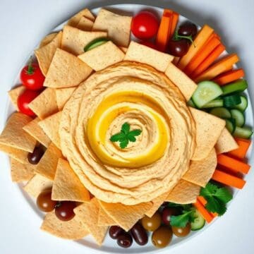 Colorful hummus and veggie platter for parties and gatherings.