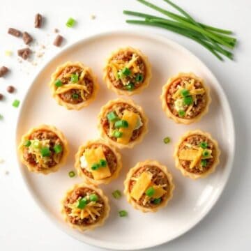 Delicious mini Iowa party bites topped with cheese and green onions on a white plate.