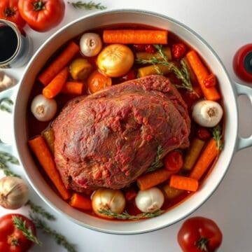 Italian-style beef pot roast with carrots, onions, and herbs in a roasting dish.