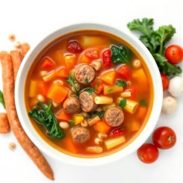 Delicious Italian sausage soup with vegetables and pasta, perfect for cozy meals.