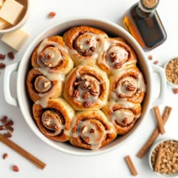 Delicious maple pecan sticky buns topped with glaze and pecans, perfect for breakfast or dessert.