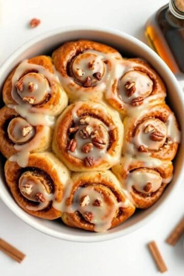 Delicious maple pecan sticky buns topped with glaze and pecans, perfect for breakfast or dessert.
