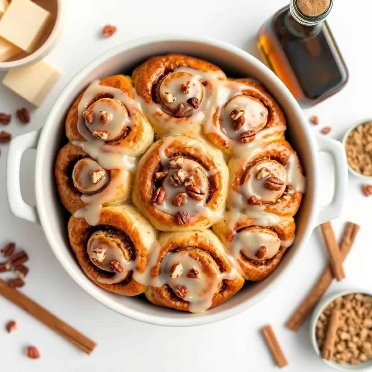 Delicious maple pecan sticky buns topped with glaze and pecans, perfect for breakfast or dessert.
