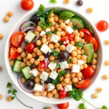 Vibrant Mediterranean chickpea salad with fresh vegetables and feta cheese. Perfect for healthy, fla.