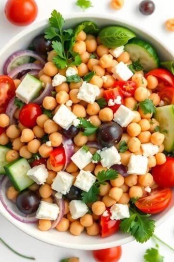 Vibrant Mediterranean chickpea salad with fresh vegetables and feta cheese. Perfect for healthy, fla.