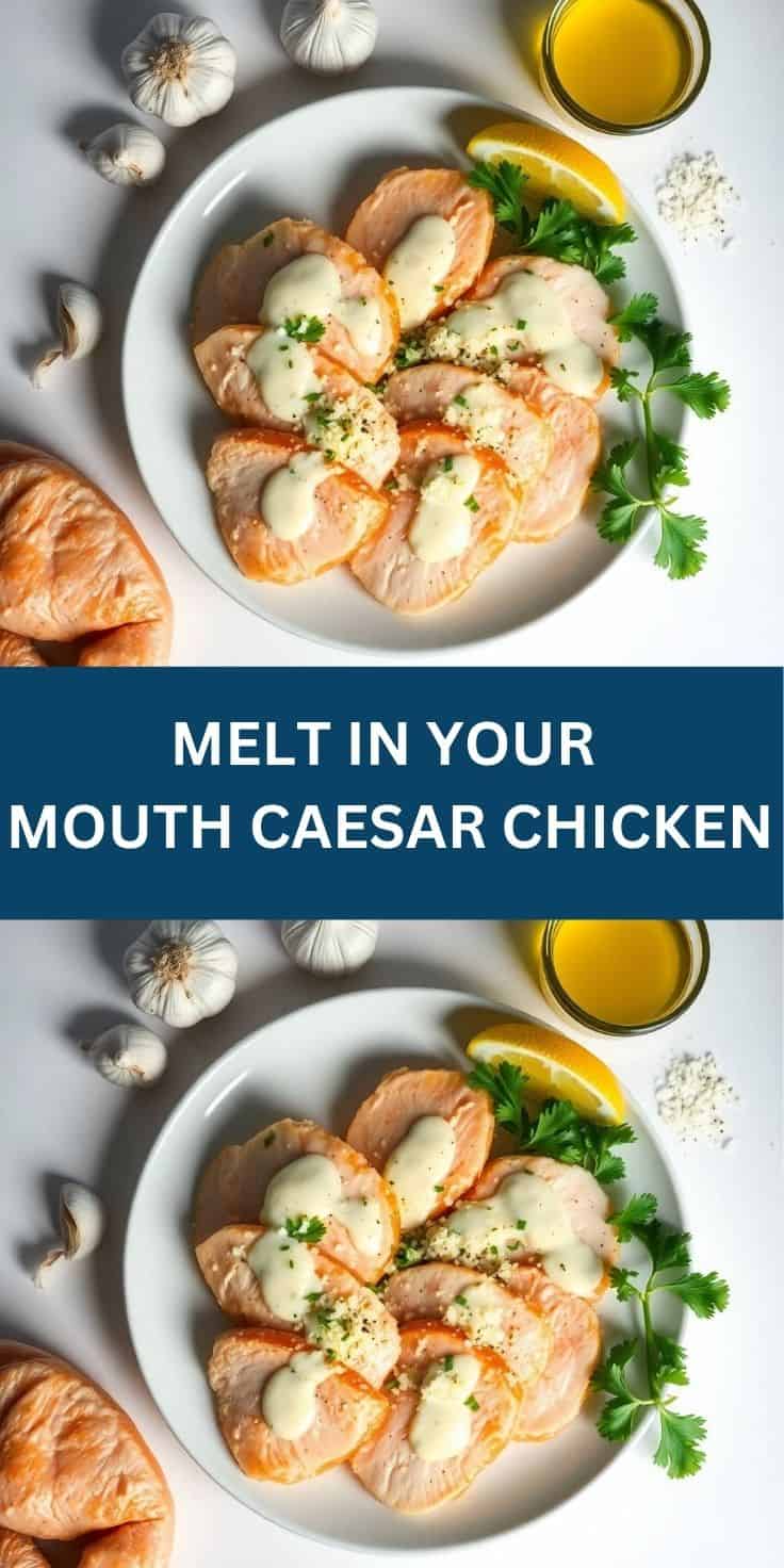 Caesar chicken topped with melted cheese, garnished with parsley and lemon on white plate.