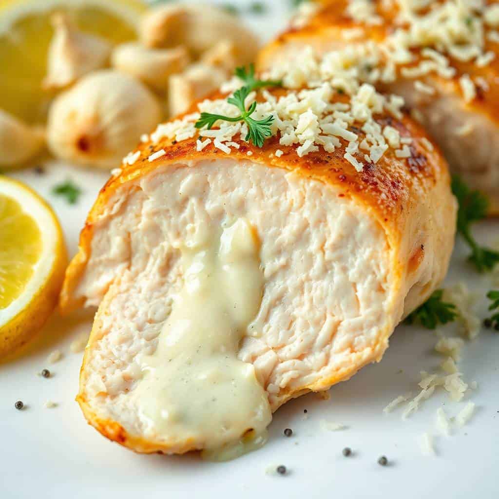 Golden-crusted Caesar chicken breast with melted cheese center, garnished with breadcrumbs and parsley, served with lemon ...