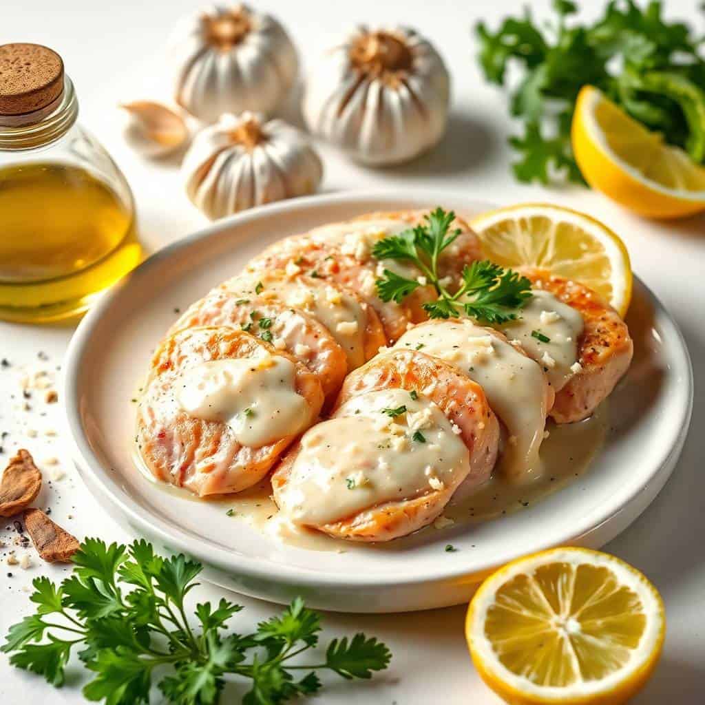 Caesar chicken topped with melted cheese, garnished with parsley and lemon slices on white plate.