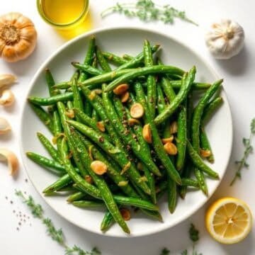 Air fryer garlic roasted green beans with garlic and nuts on a white plate.