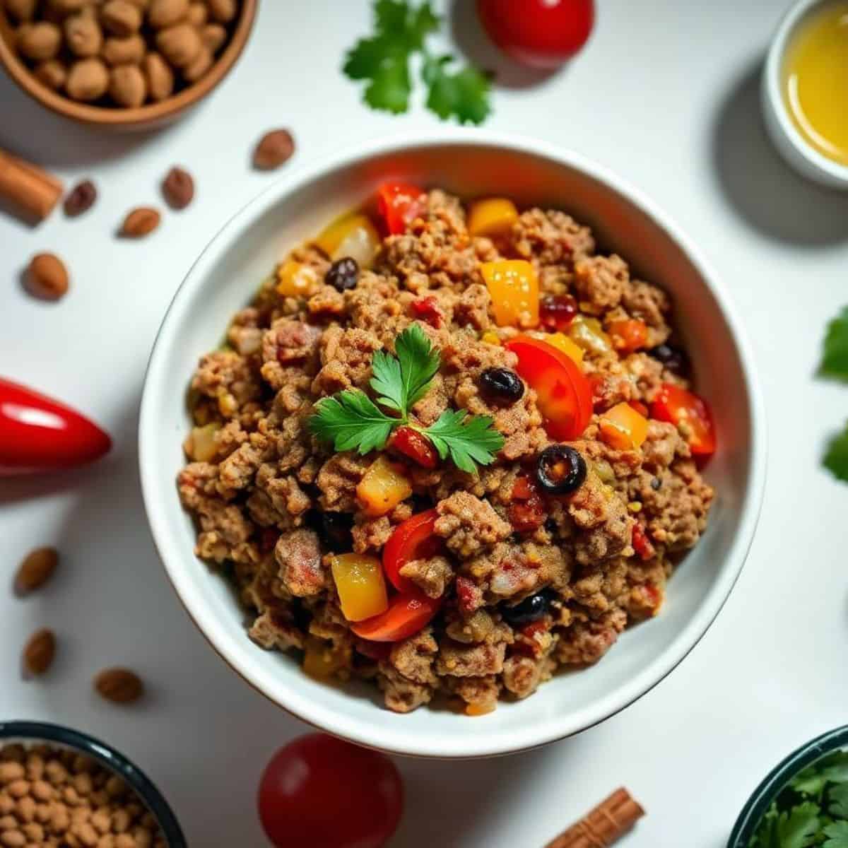 Delicious Mexican Picadillo with ground beef, vegetables, and olives in a white bowl.