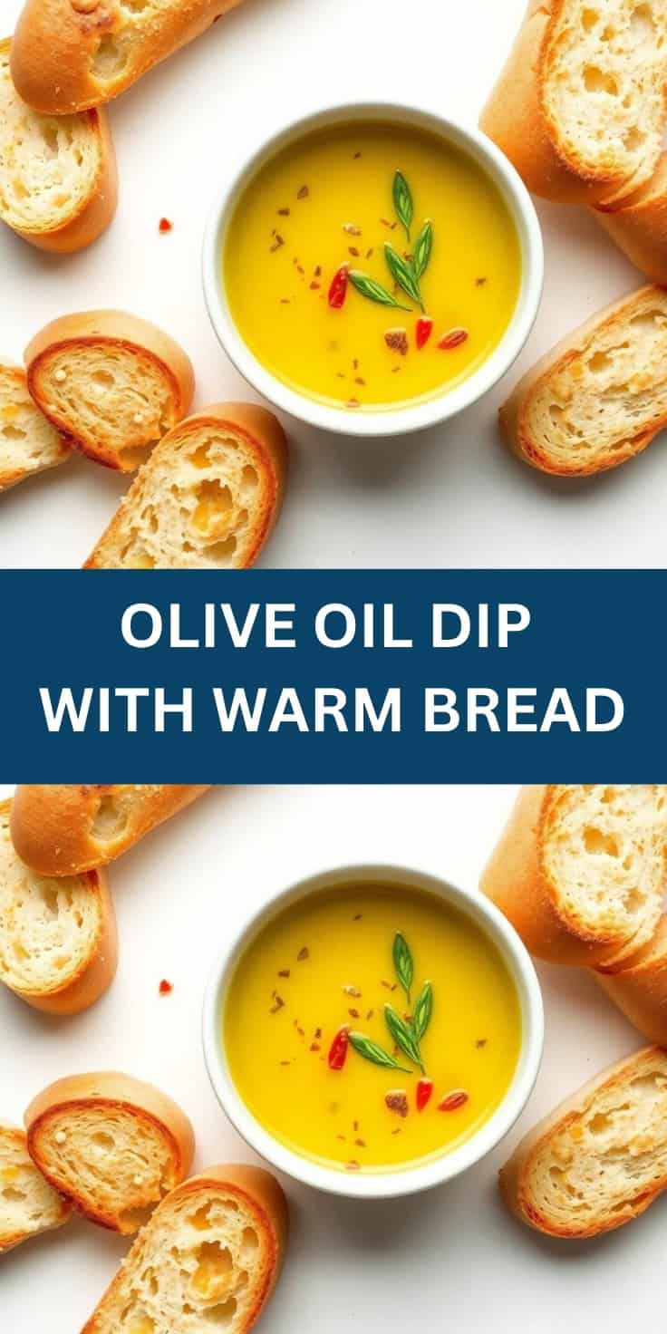 Olive oil dip with fresh basil and red pepper flakes in white bowl surrounded by toasted bread slices.